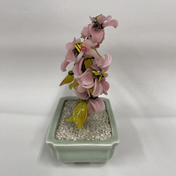 Vtg Glass Bonsai Tree Pink Flowers Artificial Plant Oriental Home Decor - Picture 5 of 11